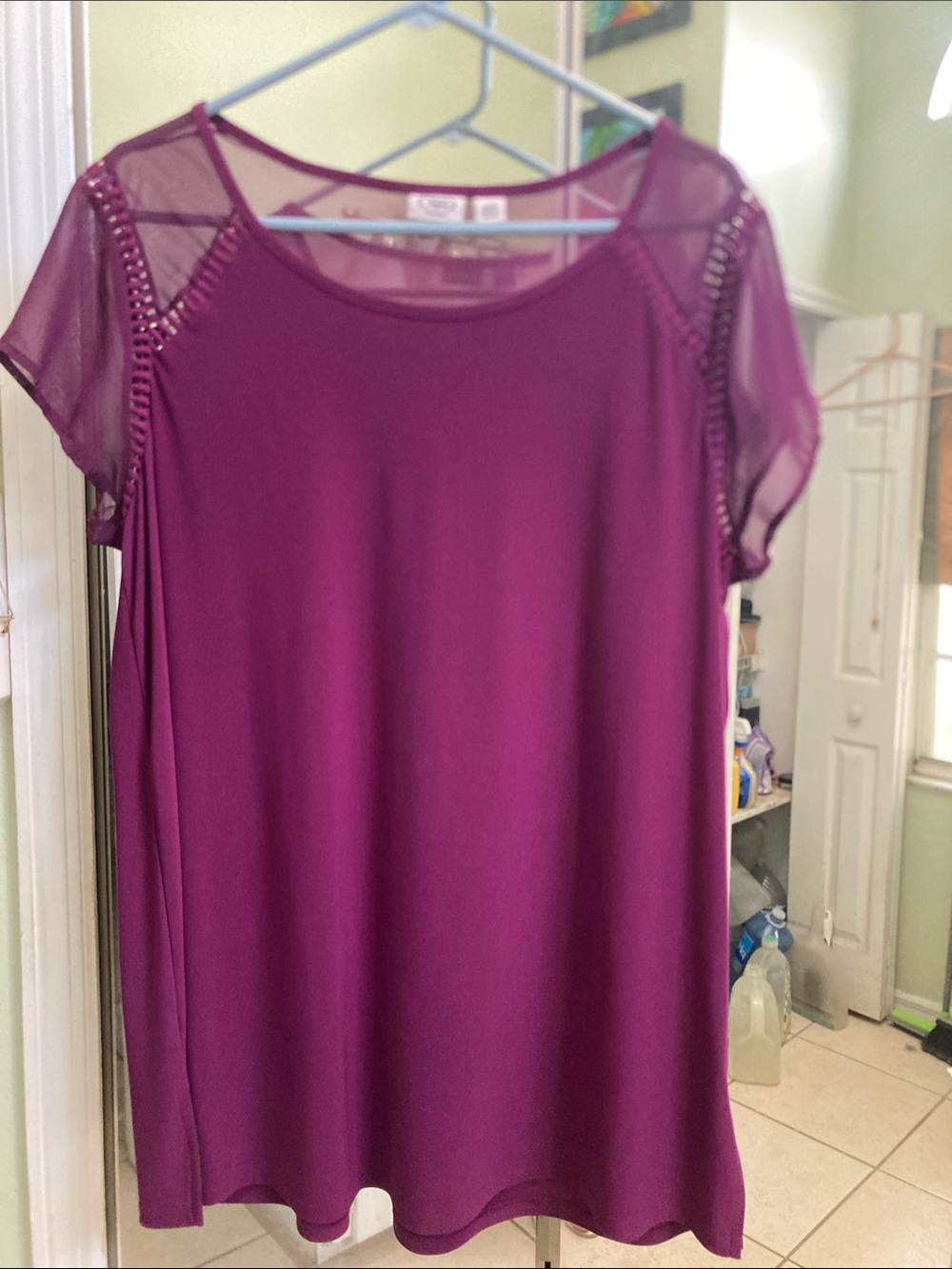 Cato Plum Short Sleeve Mesh Yoke Blouse